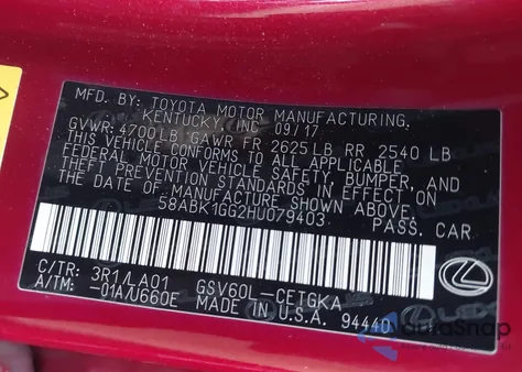 2017 Lexus Es 350 350 from USA, damaged, VIN 58ABK1GG2HU079403